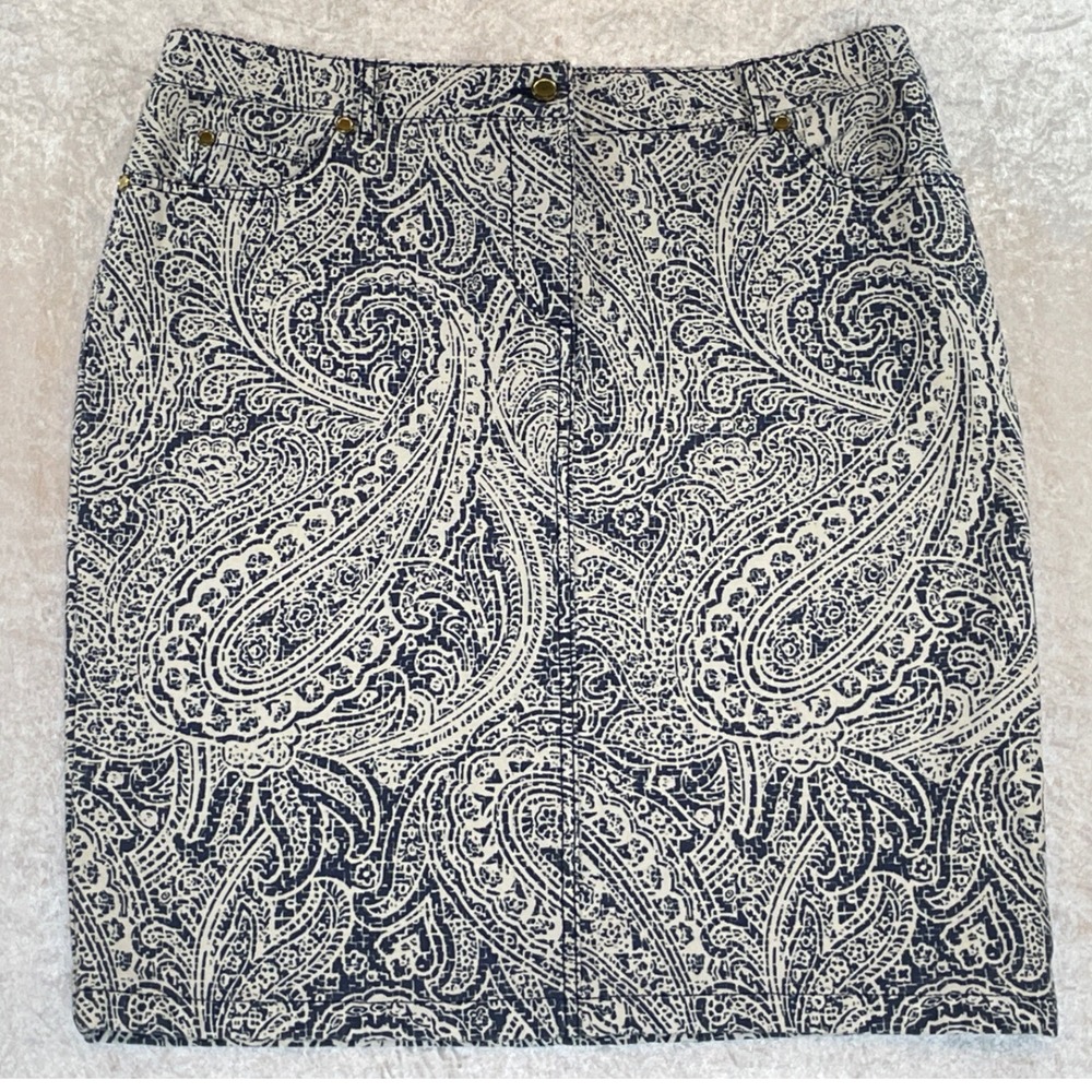 Paisley Print Cotton J.McLaughlin Size 10 Navy Cream Good Stretch Pencil Pocket